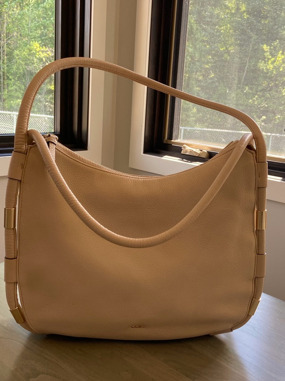 Leather Shoulder Hobo Bag in Beige